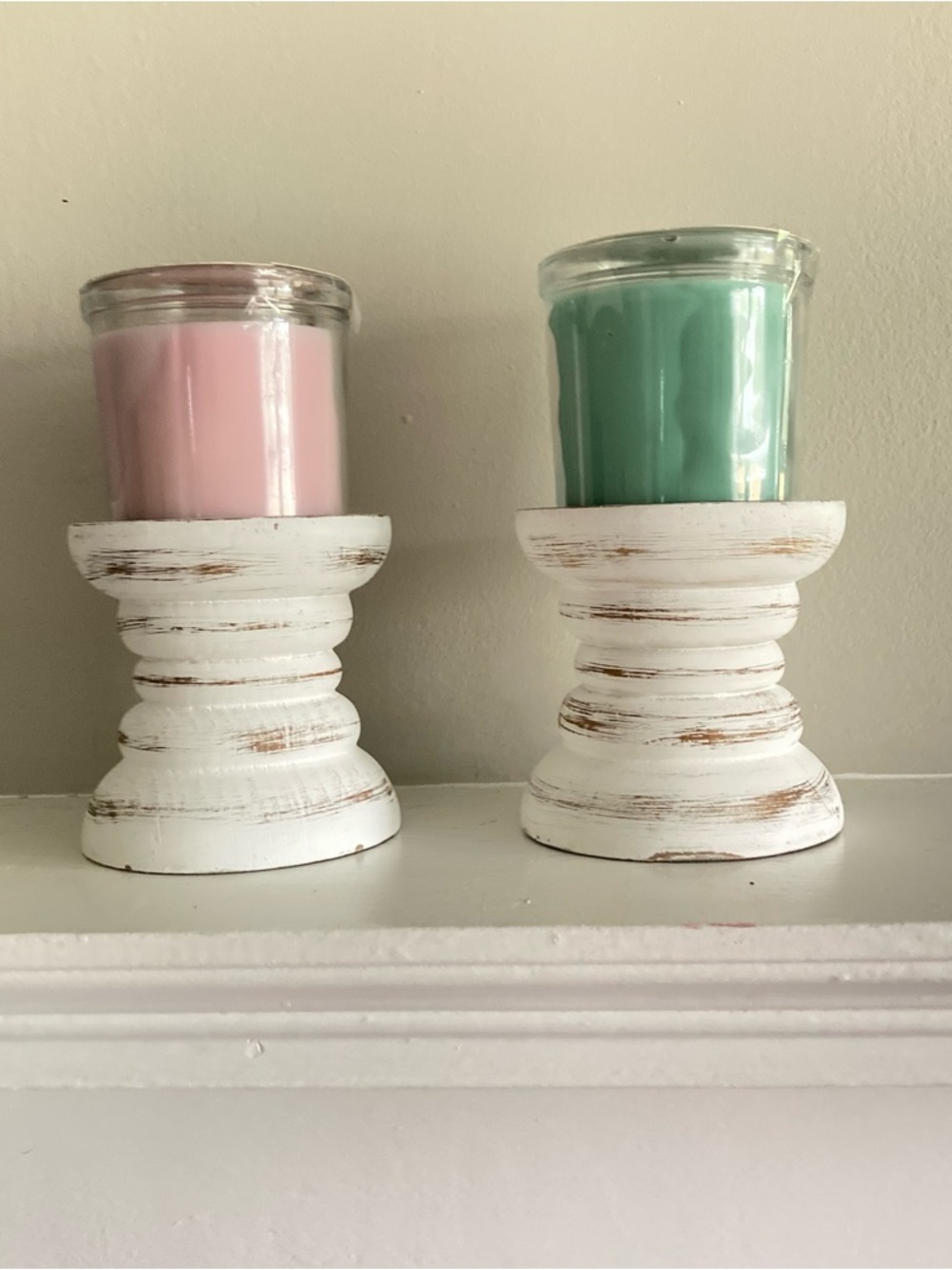 Rustic Farmhouse Nautical Coastal Pillar Candle Holders Wood White Set of 2